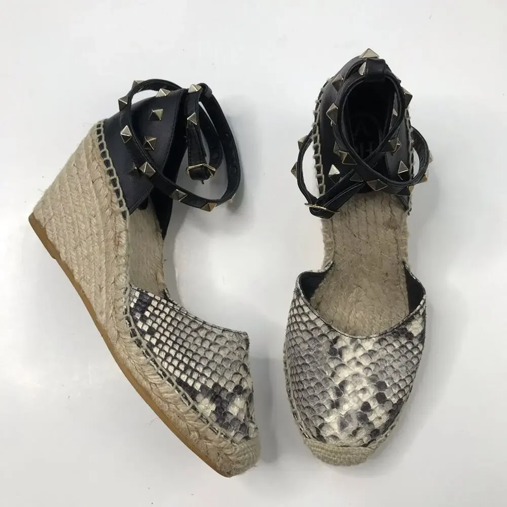 Ash Women's Winnie Snakeskin Studded Platform Espadrille Wedge‎ Sandals Size 39